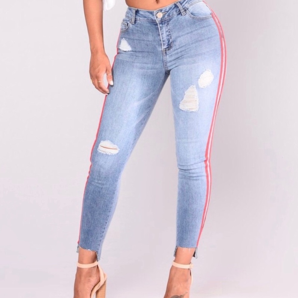 FASHION NOVA HIGH RISE RED STRIPED SKINNY JEANS